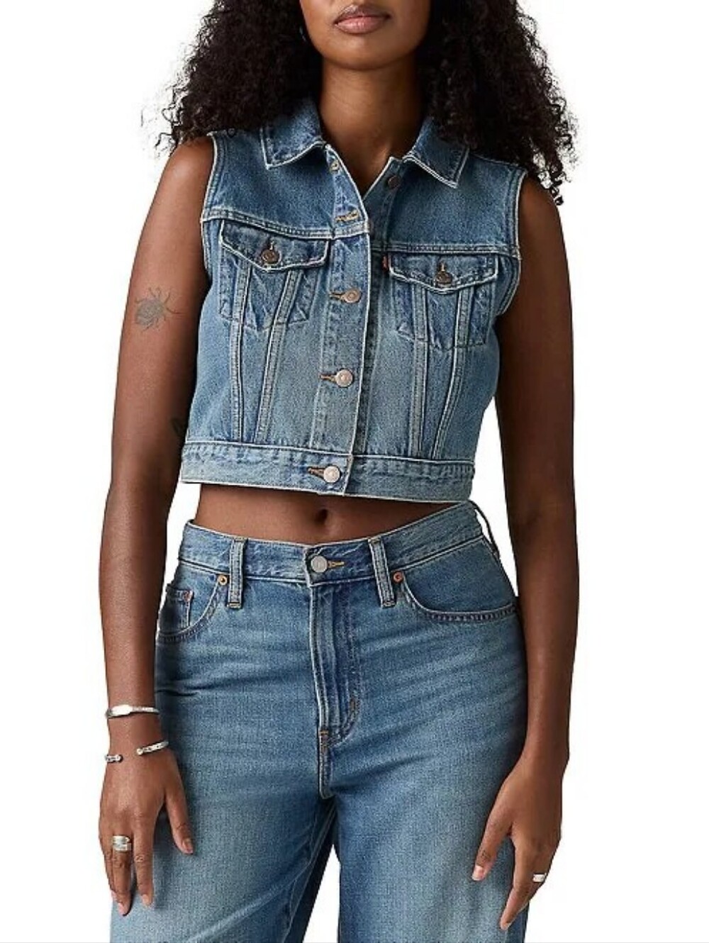 Levis Cropped Blue Denim Trucker Vest - Classic Button Front